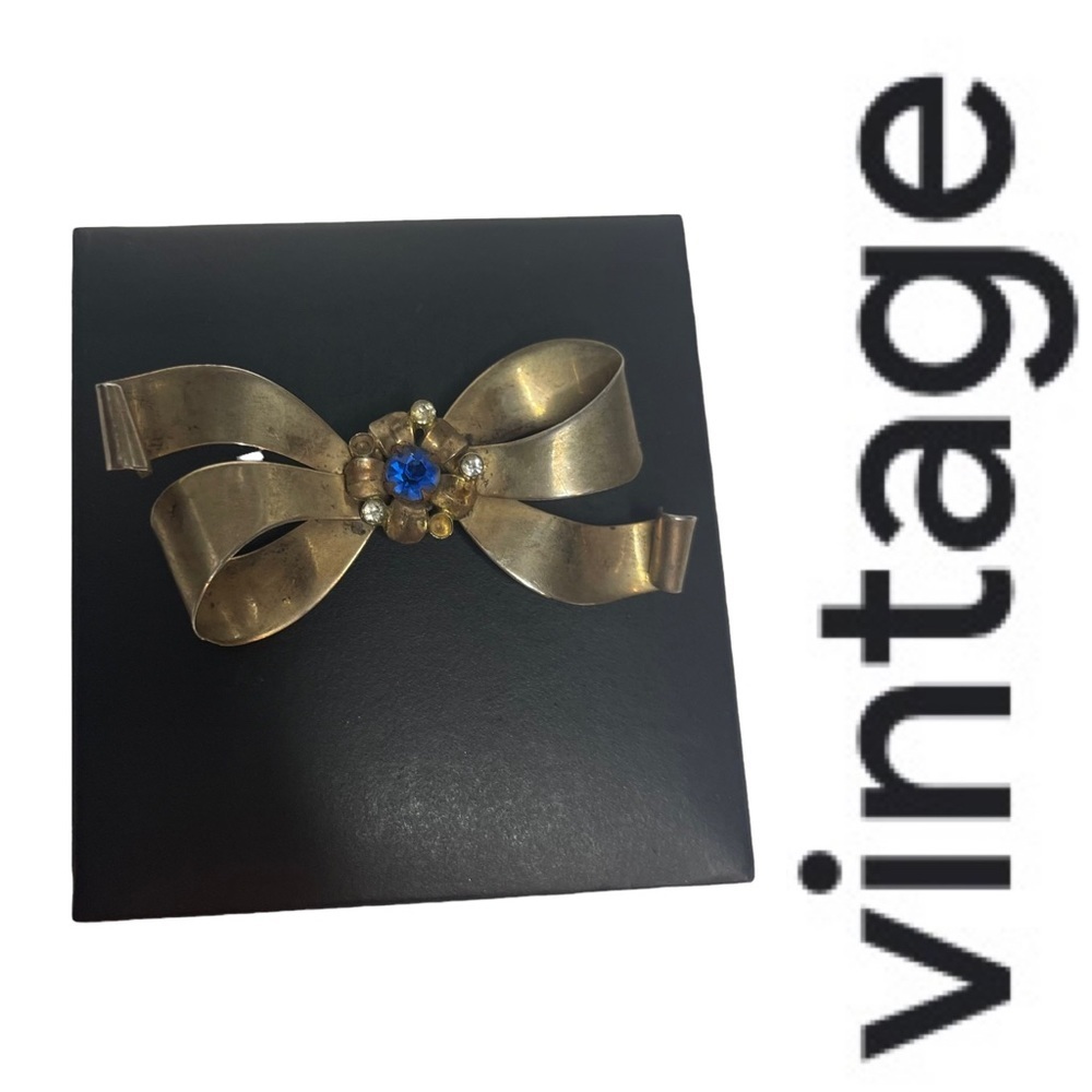 Vintage Mexican Silver Bow Brooch w/Blue Tourmaline Center Stone